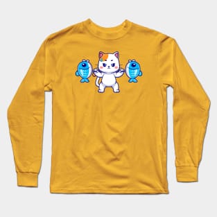 Cute Cat Lifting Fish Barbell Cartoon Long Sleeve T-Shirt